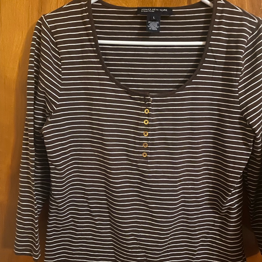 Jones New York Brown and White Striped Long Sleeve Top